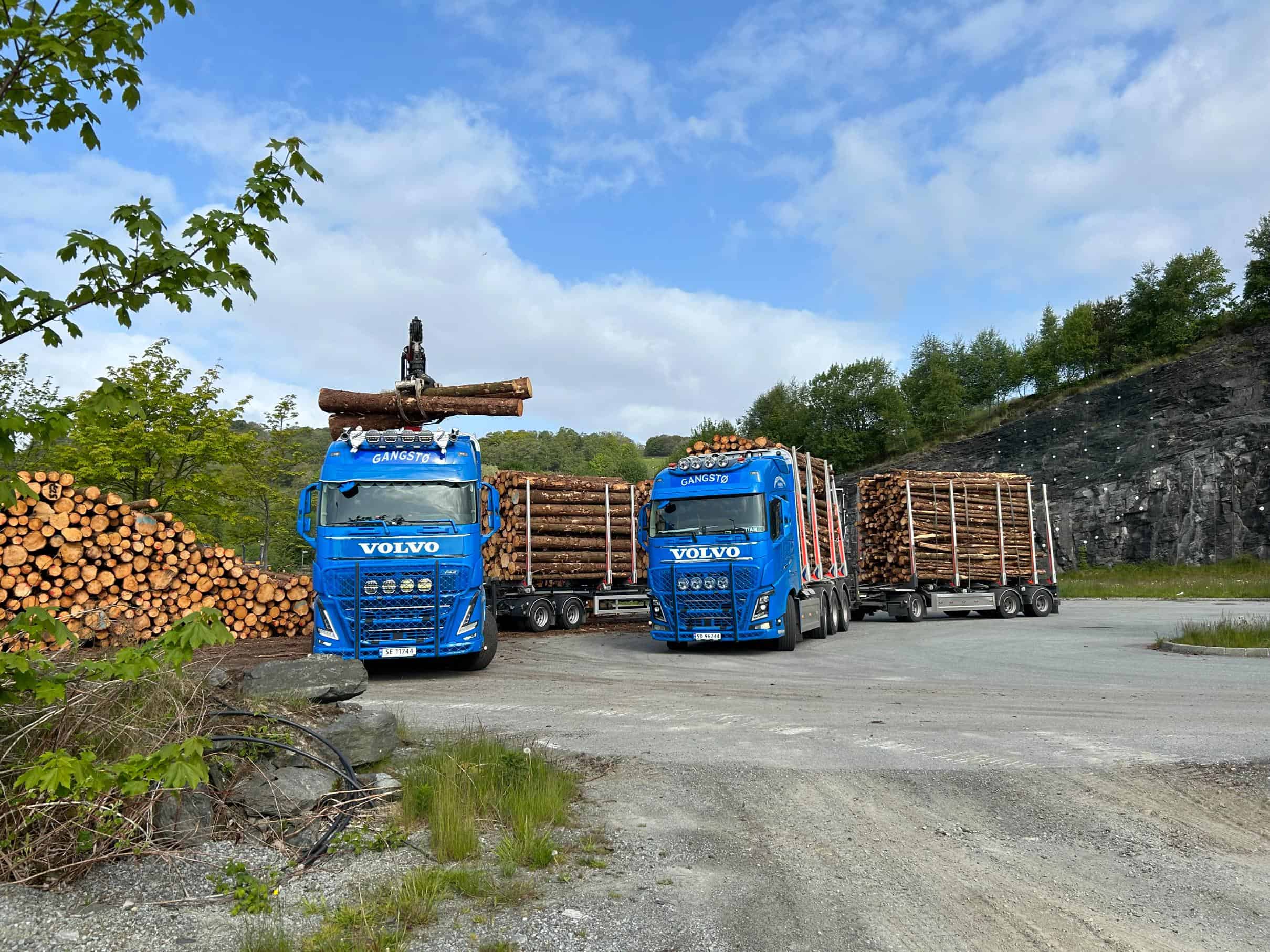 2 blå lastebiler for transport av tømmer